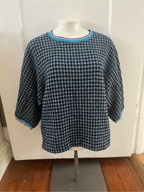 Pinko Houndstooth Short Sleeve Sweater Top Blue Pink Trim I 38 USA 2